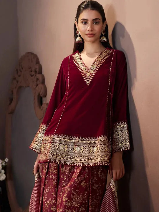 Women Ethnic Motifs Embroidered Regular Velvet Kurta with Farshi & With Dupatta