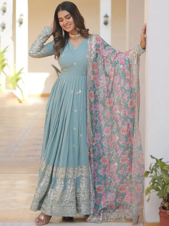 Floral Embroidered Sequined Georgette Anarkali Kurta With Dupatta