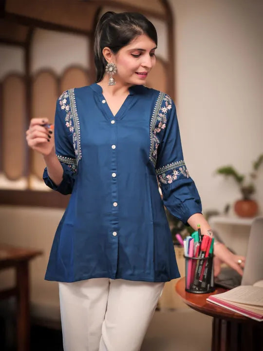 Women Ethnic Motifs Embroidered Mandarin Collar A-Line Tunic