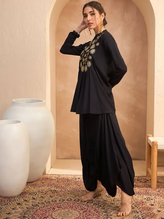 Floral Embroidered Pleated Sequined A-Line Fusion Kurti with Dhoti Pant