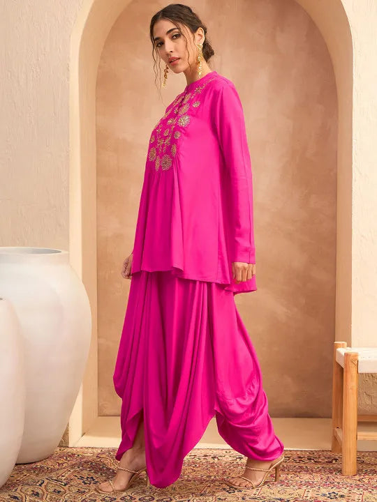 Floral Embroidered Pleated Sequined A-Line Fusion Kurti with Dhoti Pant