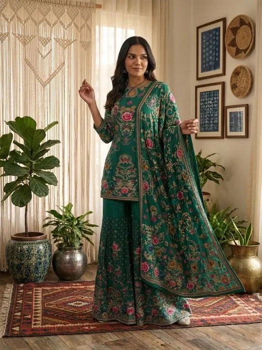 Women Ethnic Motifs Printed Silk Crepe Kurta with Sharara & With Dupatta