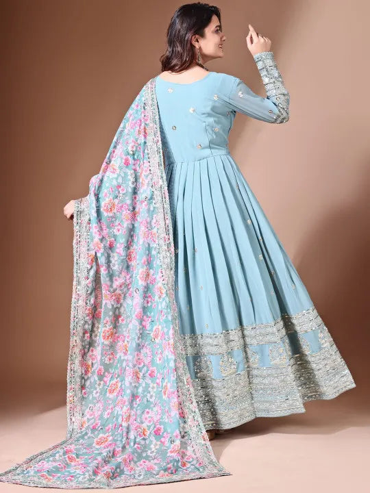 Floral Embroidered Sequined Georgette Anarkali Kurta With Dupatta