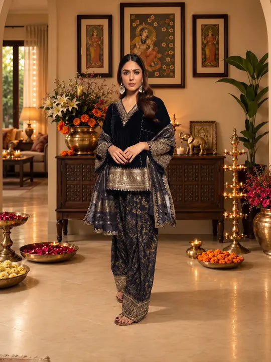Women Ethnic Motifs Embroidered Regular Velvet Kurta with Farshi & With Dupatta