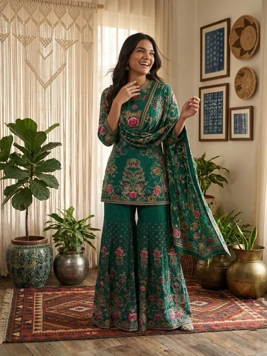 Women Ethnic Motifs Printed Silk Crepe Kurta with Sharara & With Dupatta