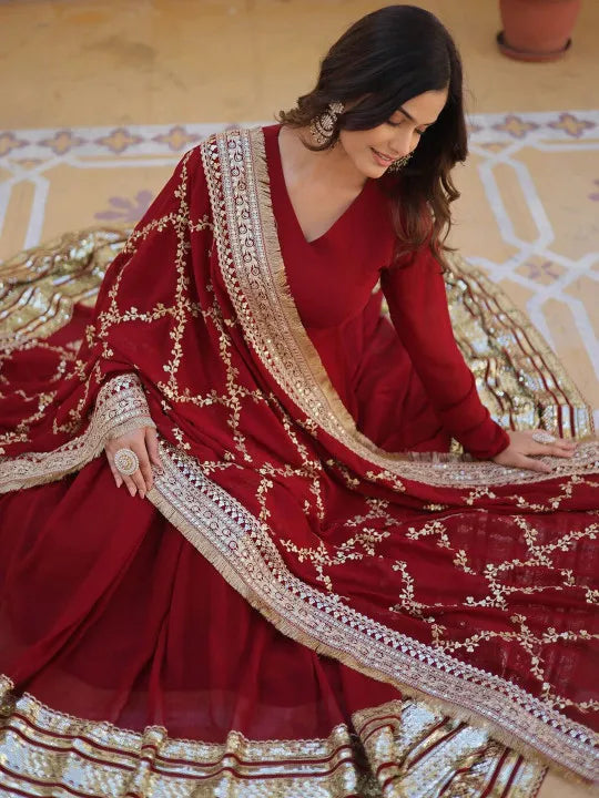 Women Maroon Embroidered Georgette Anarkali Kurta