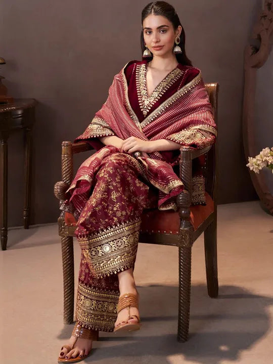 Women Ethnic Motifs Embroidered Regular Velvet Kurta with Farshi & With Dupatta