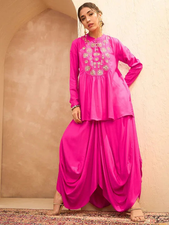 Floral Embroidered Pleated Sequined A-Line Fusion Kurti with Dhoti Pant