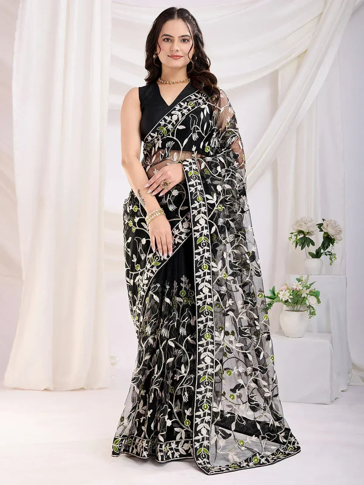 Thread Embroidered Net Party Wear Saree With Blouse - Black, Maroon, Rani Pink