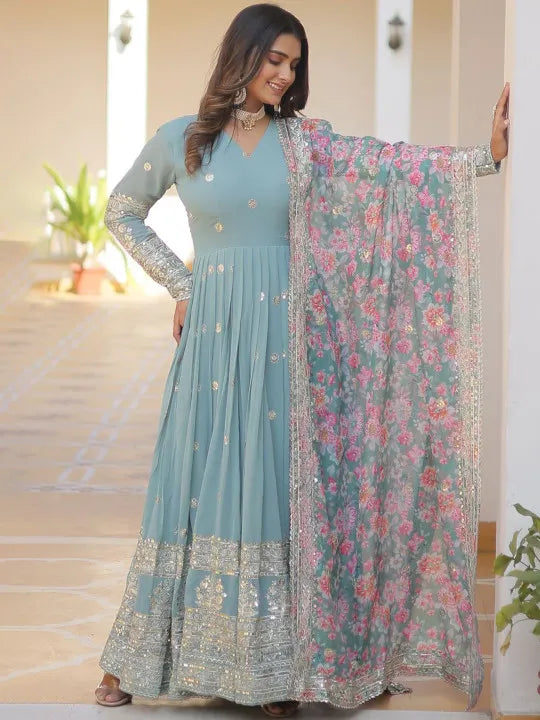 Floral Embroidered Sequined Georgette Anarkali Kurta With Dupatta