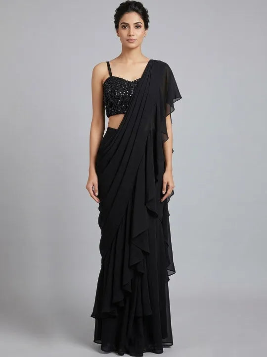 Black Embellished Poly Georgette Fusion Saree