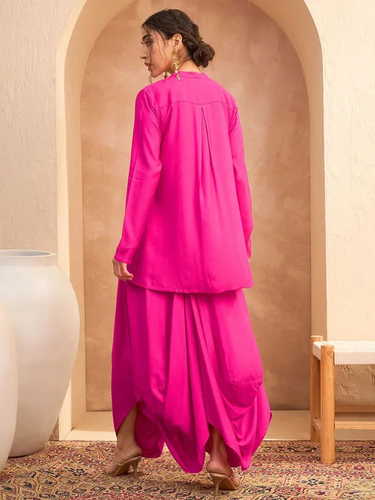Floral Embroidered Pleated Sequined A-Line Fusion Kurti with Dhoti Pant