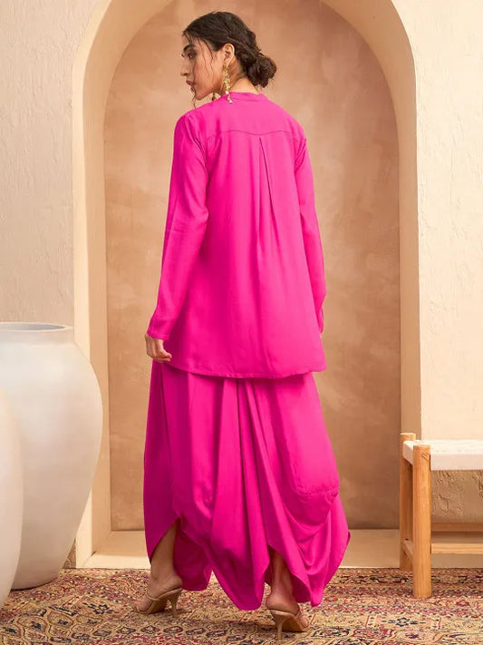 Floral Embroidered Pleated Sequined A-Line Fusion Kurti with Dhoti Pant
