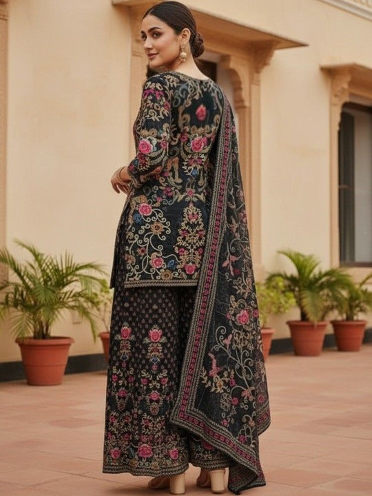Women Ethnic Motifs Printed Silk Crepe Kurta with Sharara & With Dupatta