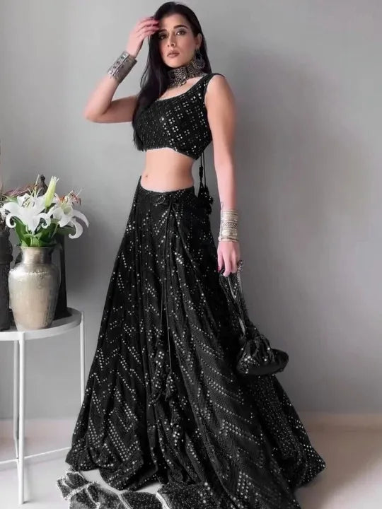 Embellished Sequined Semi-Stitched Lehenga & Blouse With Dupatta