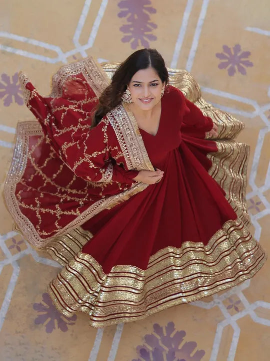 Women Maroon Embroidered Georgette Anarkali Kurta