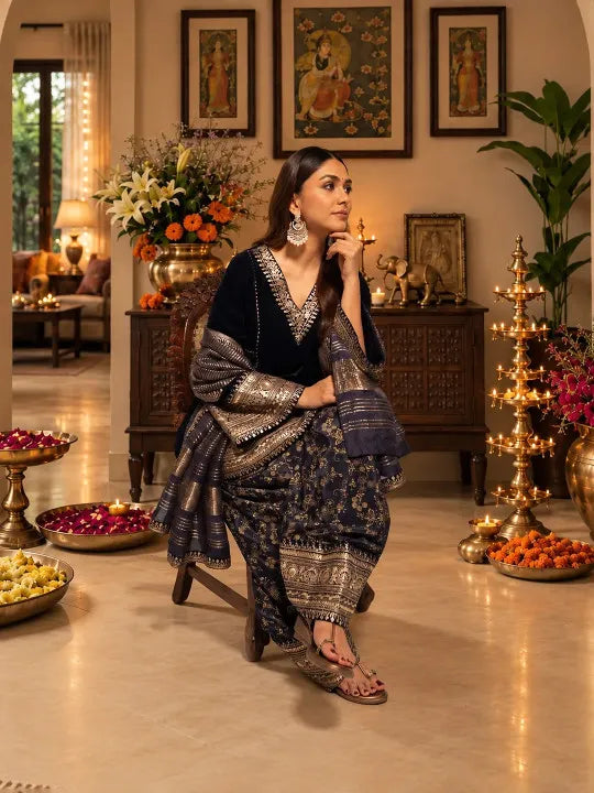 Women Ethnic Motifs Embroidered Regular Velvet Kurta with Farshi & With Dupatta