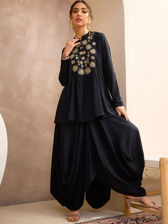 Floral Embroidered Pleated Sequined A-Line Fusion Kurti with Dhoti Pant