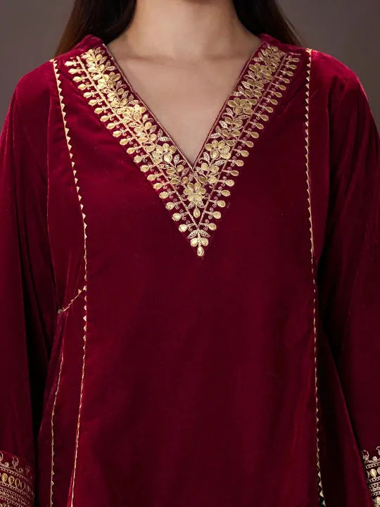 Women Ethnic Motifs Embroidered Regular Velvet Kurta with Farshi & With Dupatta