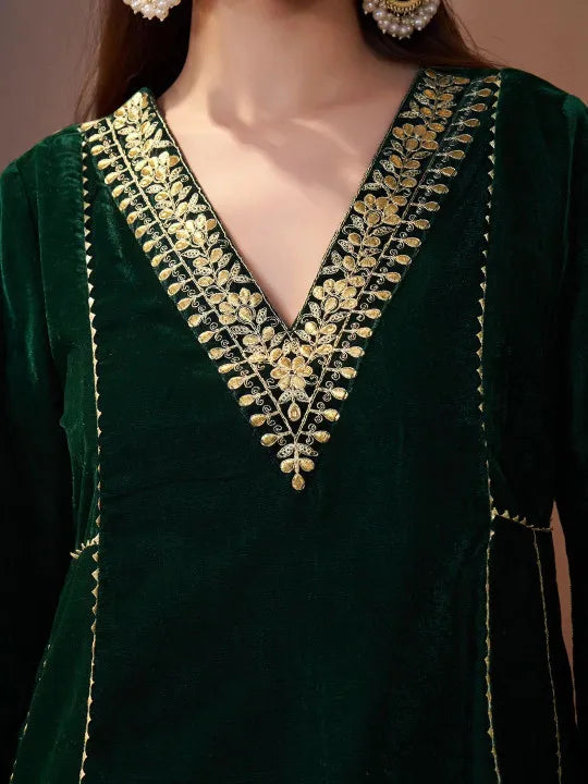 Women Ethnic Motifs Embroidered Regular Velvet Kurta with Farshi & With Dupatta