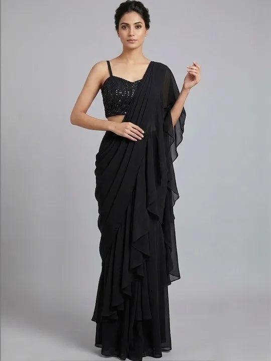 Black Embellished Poly Georgette Fusion Saree