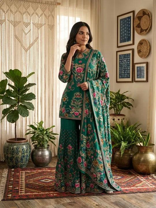 Women Ethnic Motifs Printed Silk Crepe Kurta with Sharara & With Dupatta