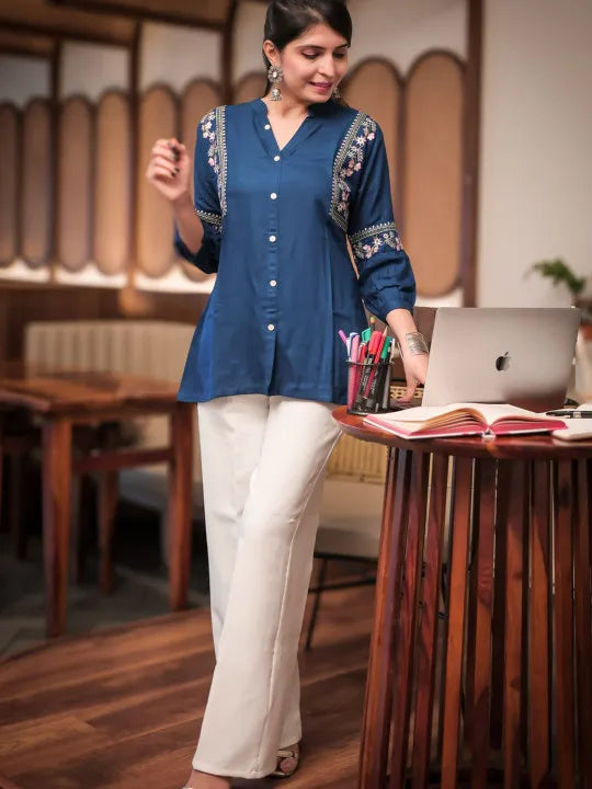 Women Ethnic Motifs Embroidered Mandarin Collar A-Line Tunic