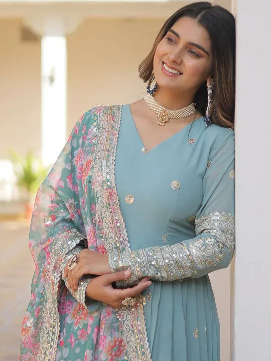 Floral Embroidered Sequined Georgette Anarkali Kurta With Dupatta