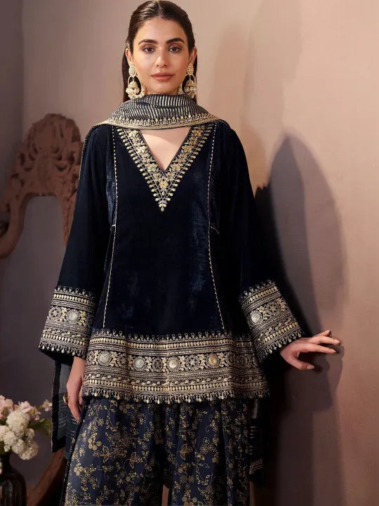 Women Ethnic Motifs Embroidered Regular Velvet Kurta with Farshi & With Dupatta