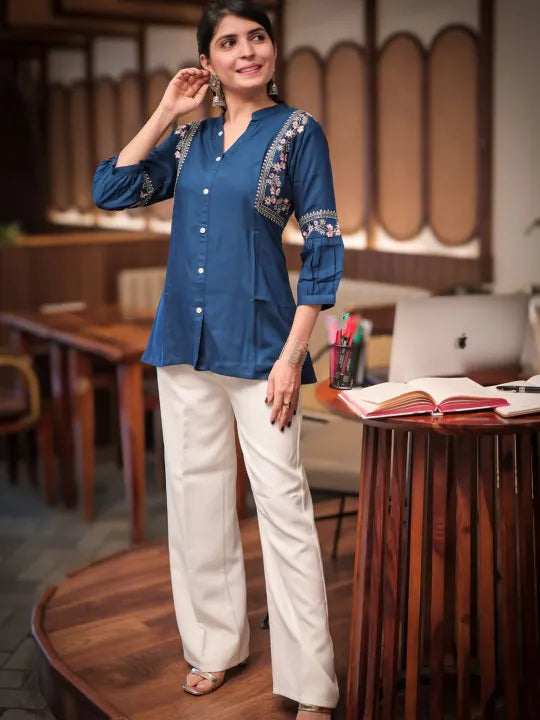 Women Ethnic Motifs Embroidered Mandarin Collar A-Line Tunic