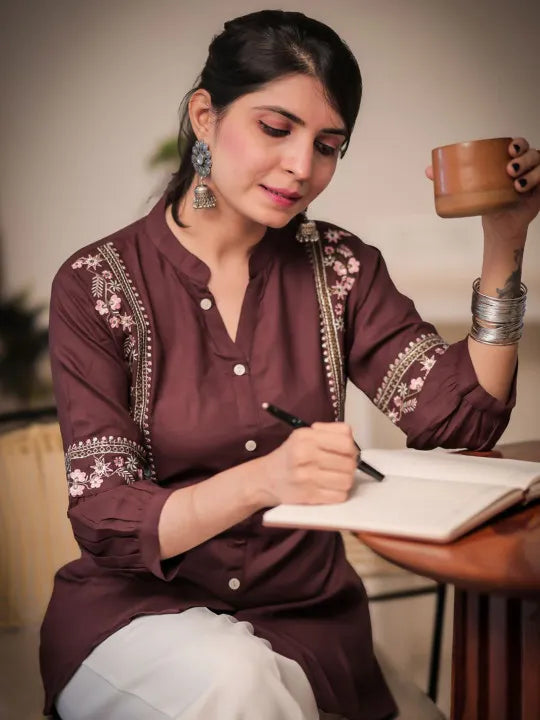 Women Ethnic Motifs Embroidered Mandarin Collar A-Line Tunic