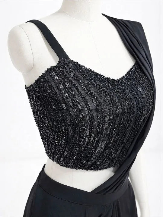 Black Embellished Poly Georgette Fusion Saree