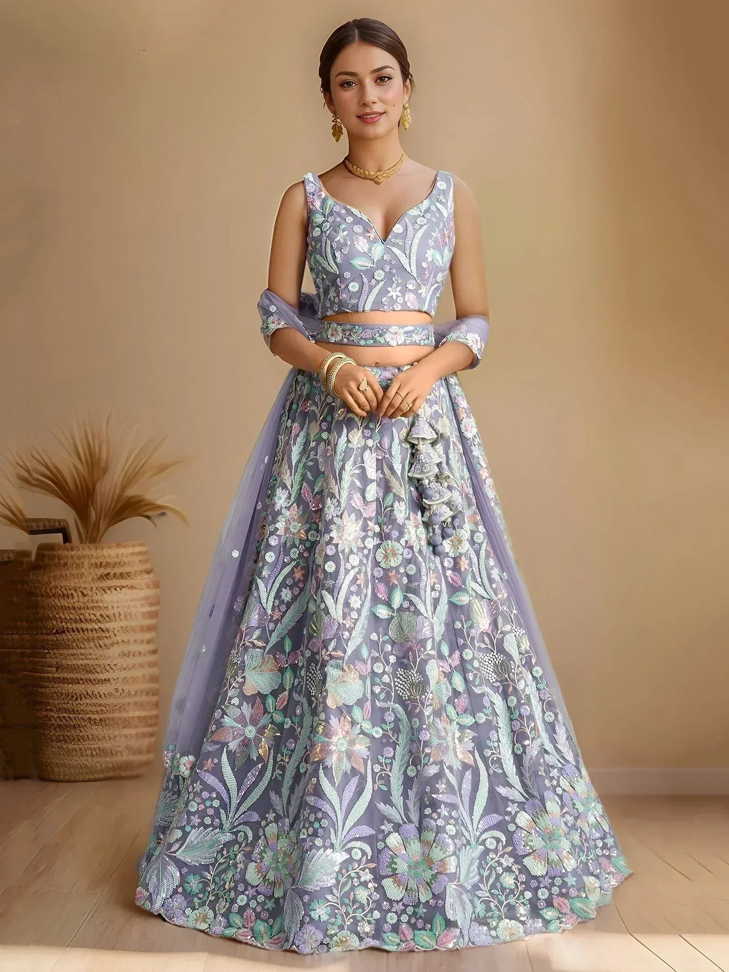 Pastels Embroidered Net Designer Lehenga Choli With Dupatta