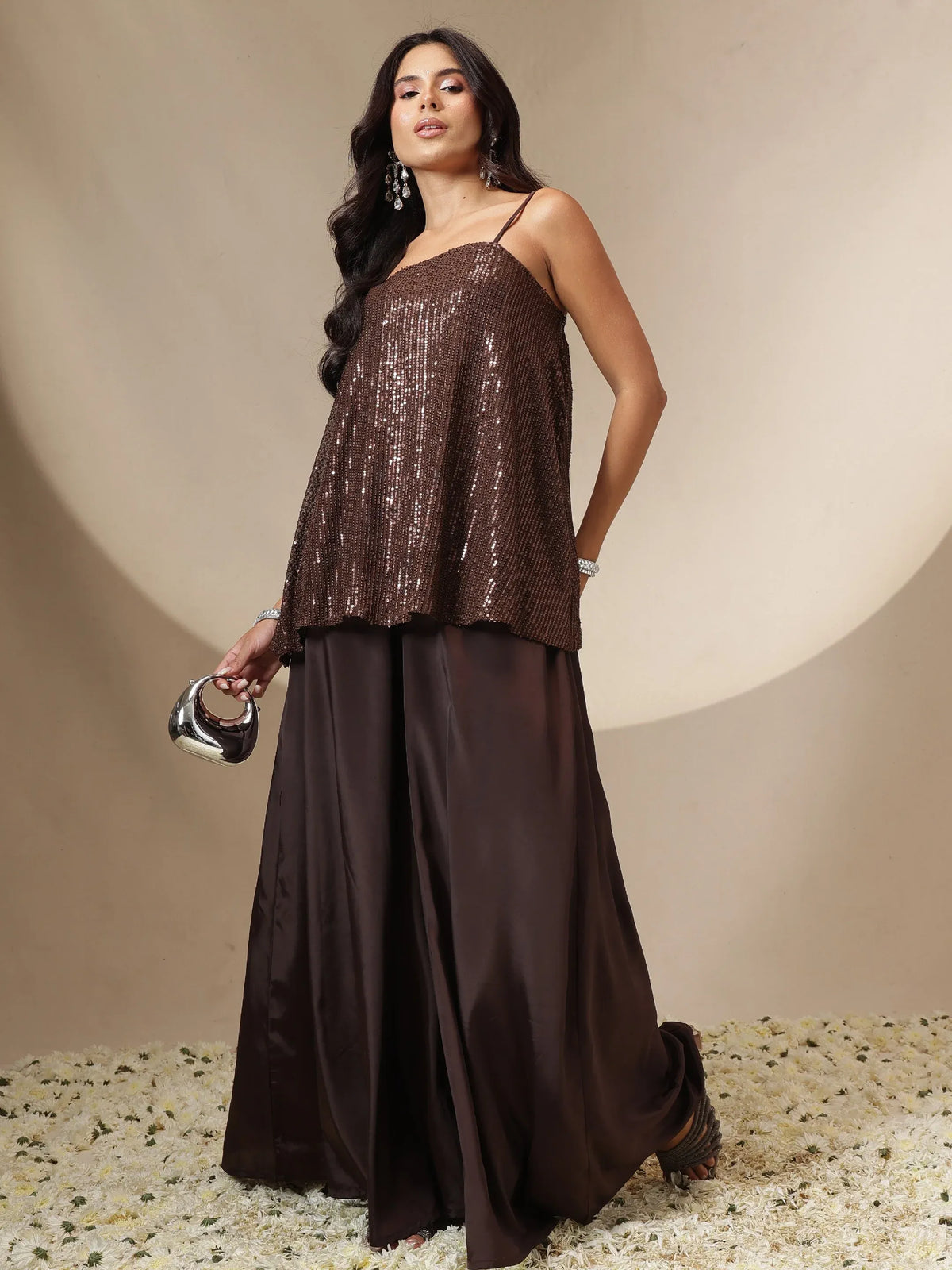 Women Black/Brown Sequin Strappy Top With Flared Pants