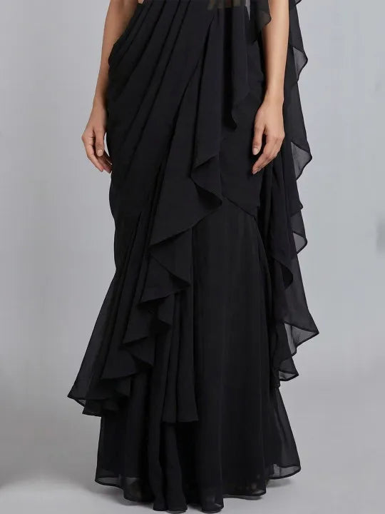 Black Embellished Poly Georgette Fusion Saree