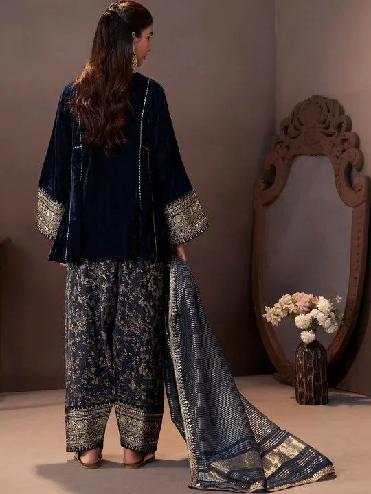 Women Ethnic Motifs Embroidered Regular Velvet Kurta with Farshi & With Dupatta