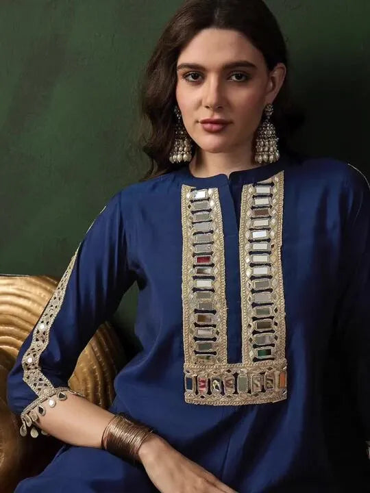 Embellished Mirror Work Roman Silk Tunic With Dhoti Pant