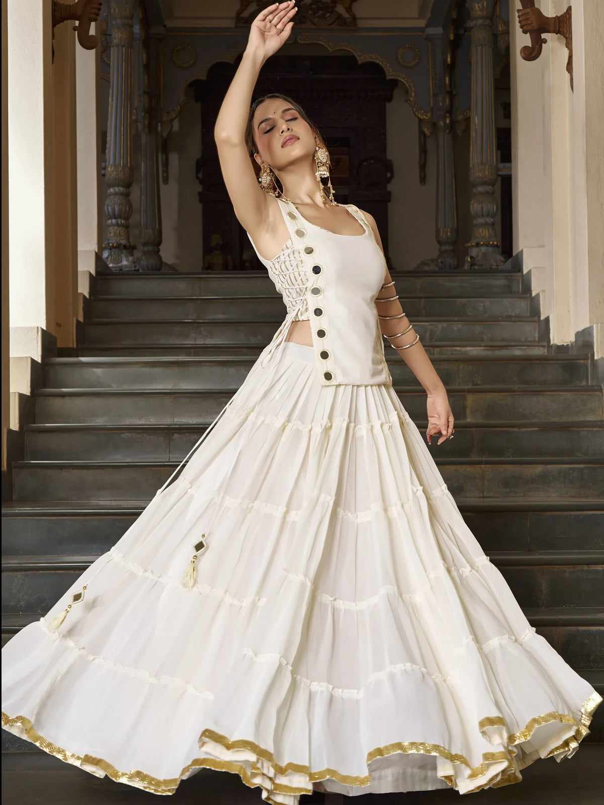 Mirror Work Chiffon Navratri Wear Crop Top Lehenga