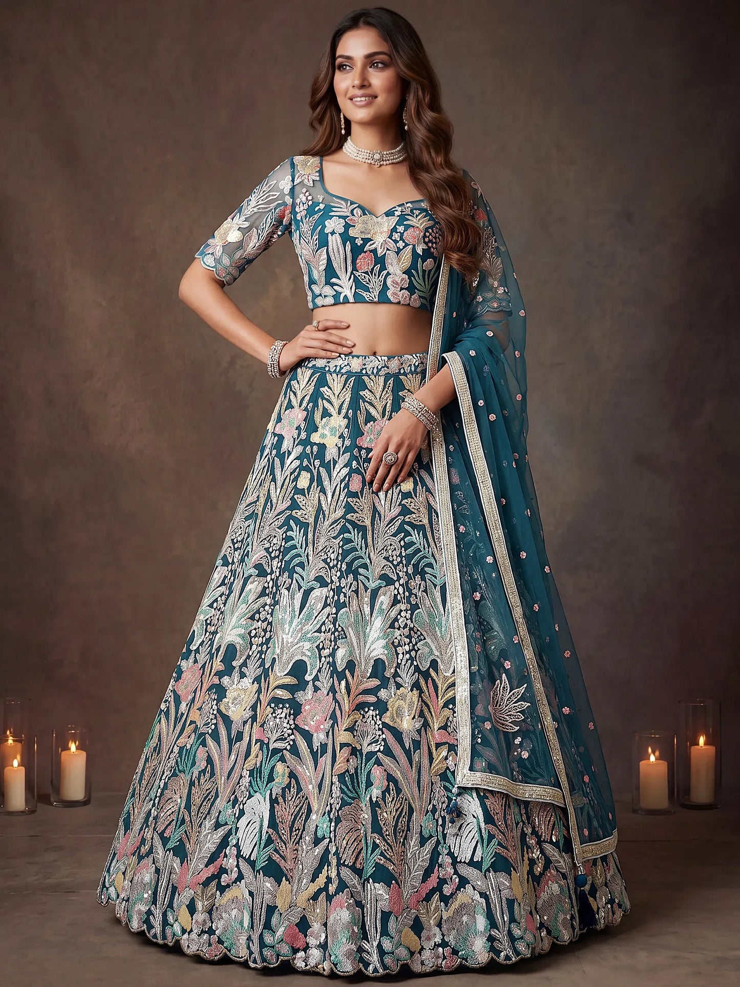 Sequins Net Engagement wear Lehenga Choli with Dupatta- Wine & Navy