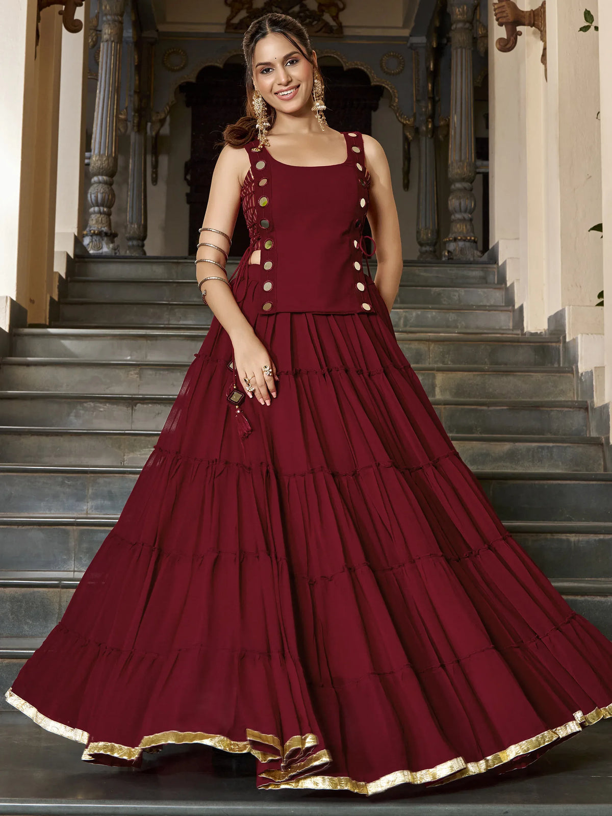 Mirror Work Chiffon Navratri Wear Crop Top Lehenga