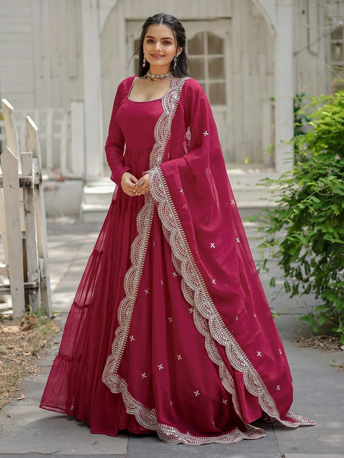 Rani Pink/ Black Georgette Wedding Wear Plain Gown With Dupatta