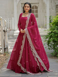 Rani Pink/ Black Georgette Wedding Wear Plain Gown With Dupatta
