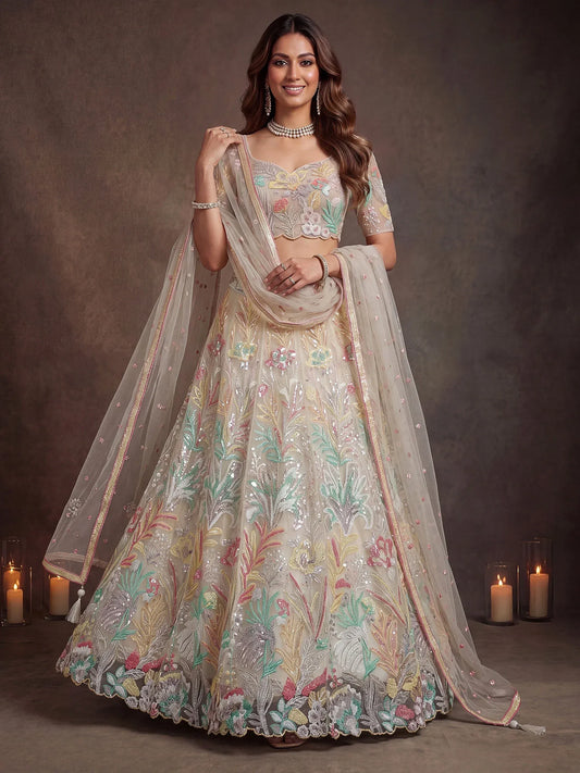 Sequins Off White Net Wedding & Party Wear Lehenga Choli