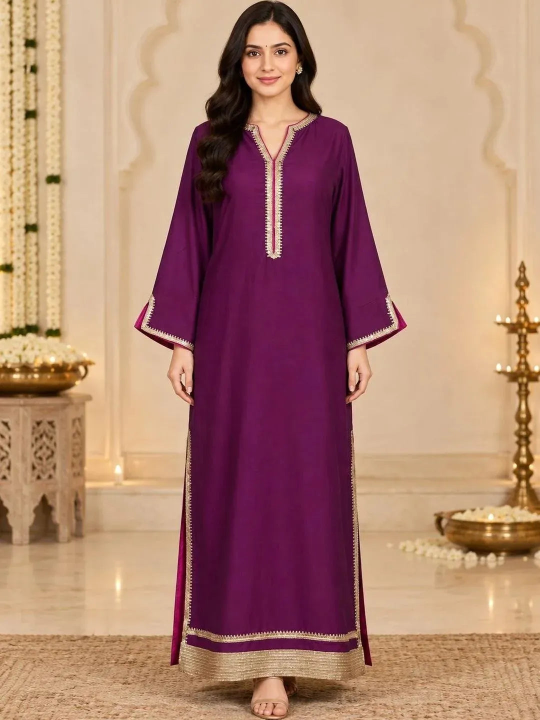 Purple Solid Embellished Gotta Patti Ankle Length Kurta