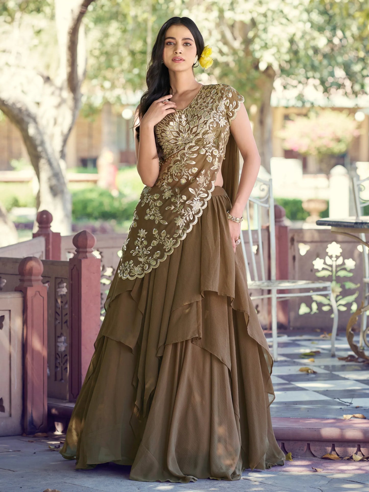Charming Brown Sequins Georgette Sangeet Wear Lehenga Choli