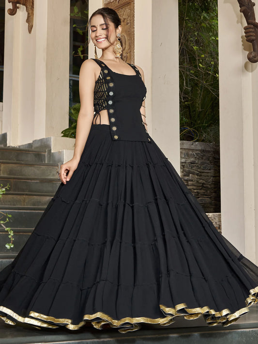 Mirror Work Chiffon Navratri Wear Crop Top Lehenga