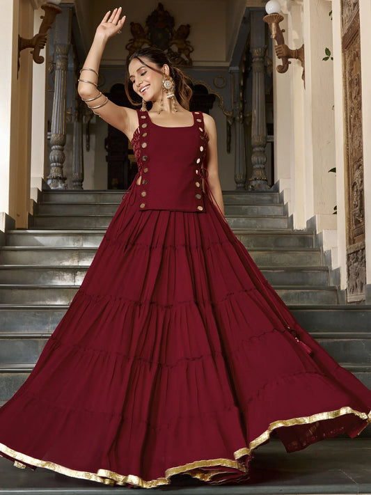 Mirror Work Chiffon Navratri Wear Crop Top Lehenga