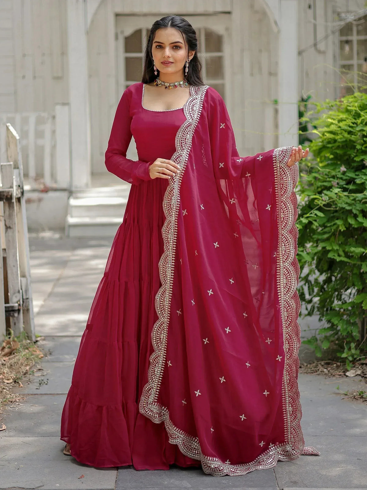 Rani Pink/ Black Georgette Wedding Wear Plain Gown With Dupatta