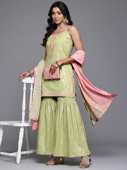 Floral Printed Gotta Patti Pure Cotton Kurti with Sharara & With Dupatta