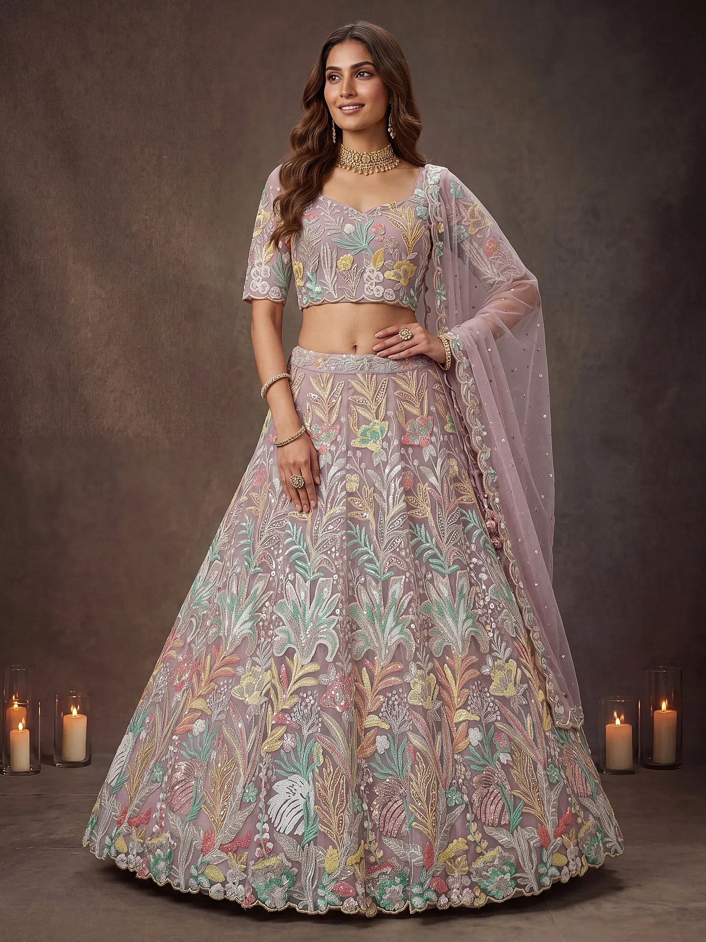 Sparkling Embroidered Net Marriage Wear Lehenga Choli - Pista Green & Lavender